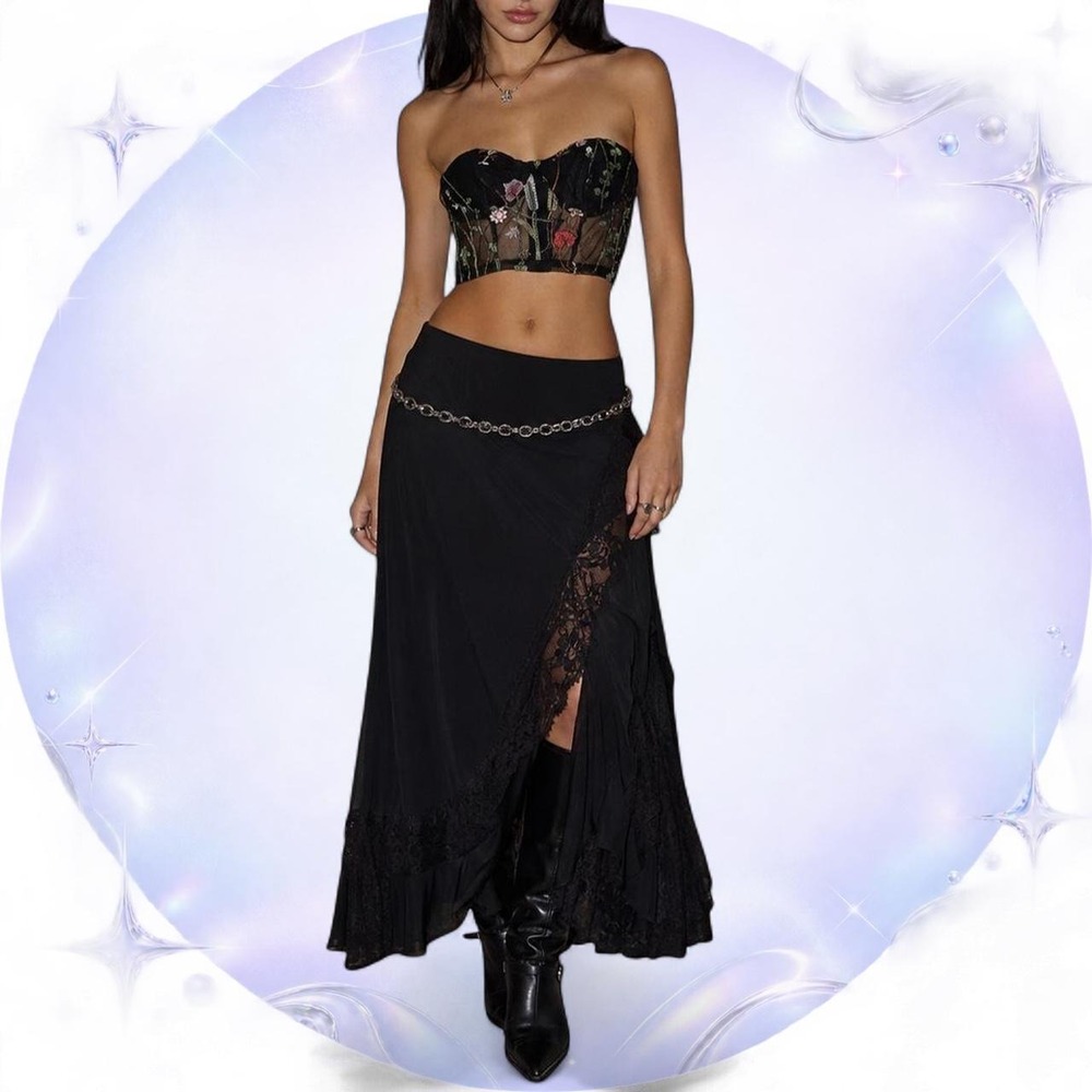 Floral Embroidered Mesh Strapless Corset Top Bustier Fairy Grunge Whimsigoth